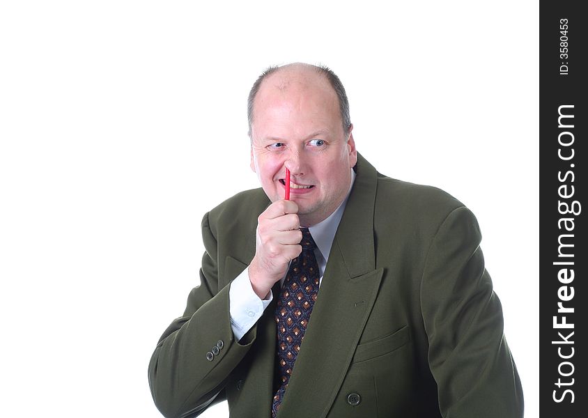 Office clerk sticking pen up his nose