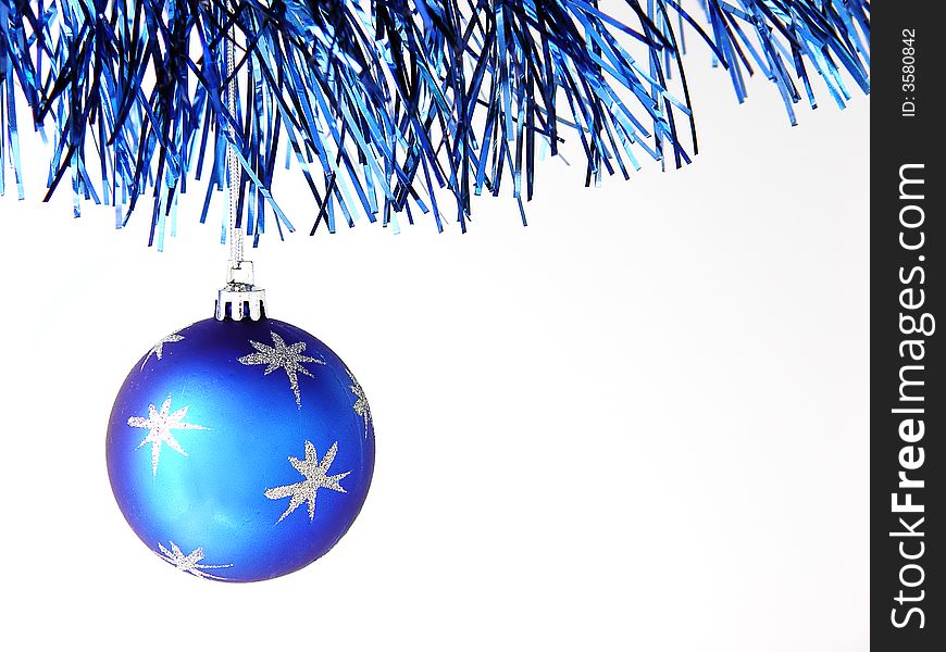 Blue decoration ball and tinsel  with white background