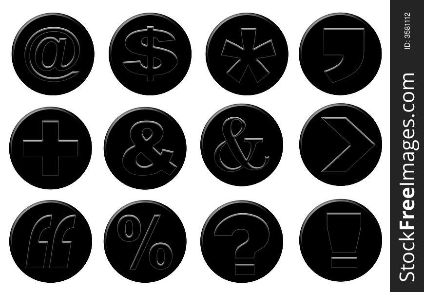 Various black buttons featuring keyboard characters. Various black buttons featuring keyboard characters