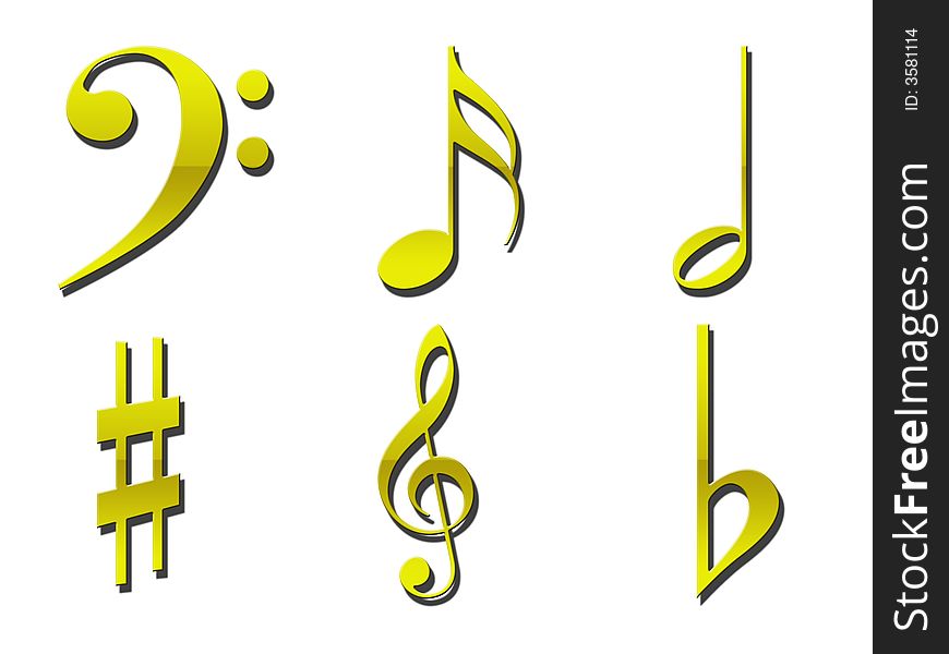 Various gold musical symbols on a white background