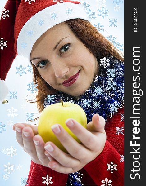 Beautiful woman with apple on white background