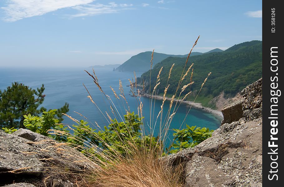 The view from above on small bay. On foreground are rough surface of rock and yellow culms of grass. On background are sea, sky and capes.  Russian Far East, Primorye, state nature reserve Lazovsky, Japanese sea, Uglovaya bay. The view from above on small bay. On foreground are rough surface of rock and yellow culms of grass. On background are sea, sky and capes.  Russian Far East, Primorye, state nature reserve Lazovsky, Japanese sea, Uglovaya bay.