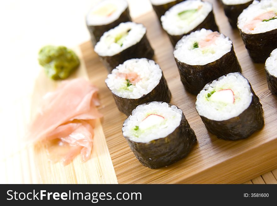 Freshly prepared maki rolls ( with wasabi and ginger)