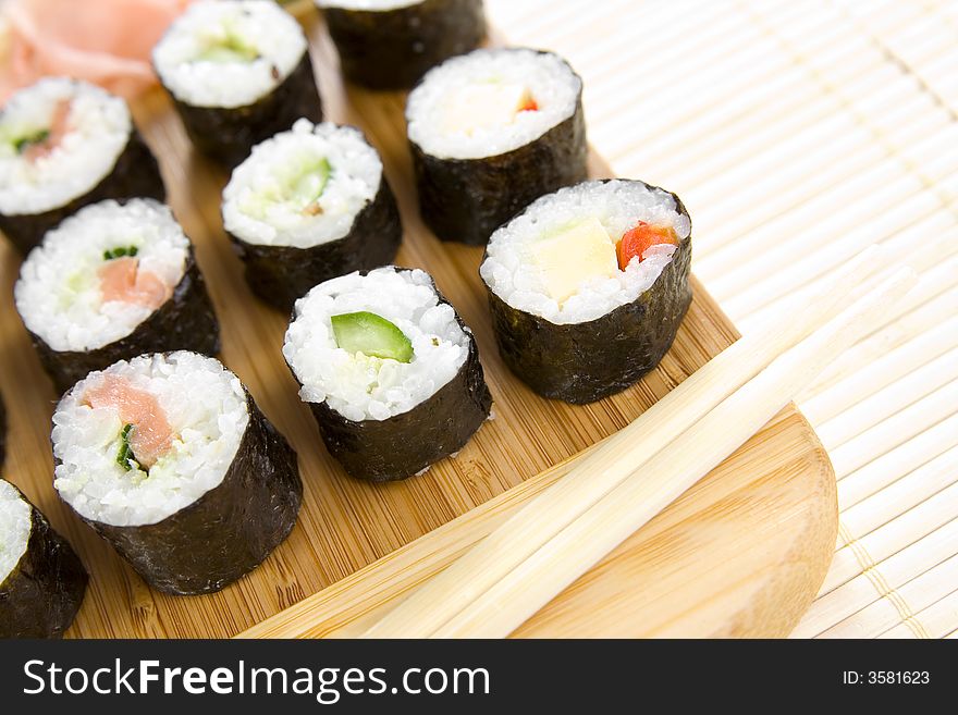 Freshly prepared maki rolls