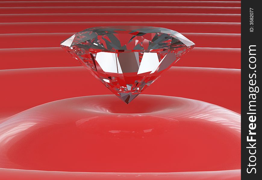 Hi res rendering, classic cut diamond on red wave. Hi res rendering, classic cut diamond on red wave