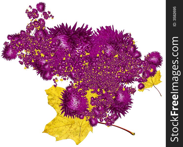 Abstract violet flowers with yellows maple leaf.