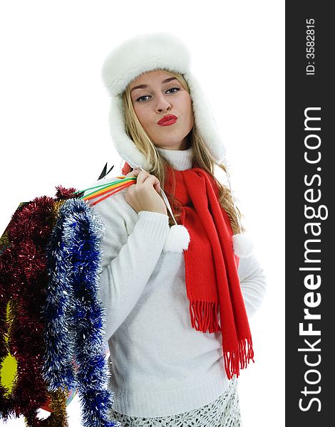 Beautiful woman with gift on white background