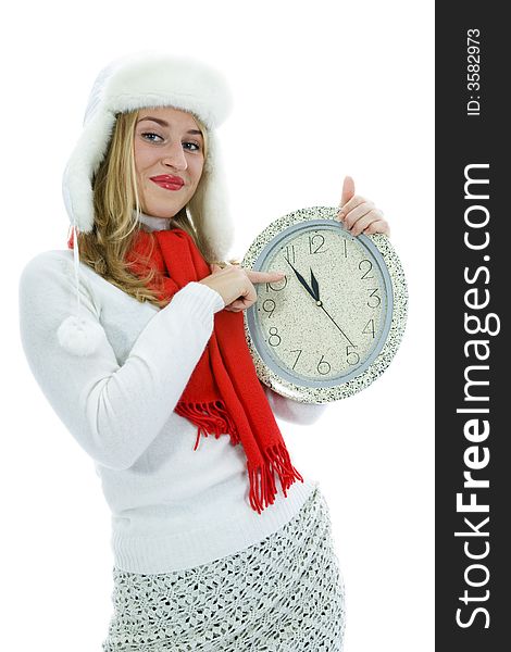 Beautiful woman   with clock  on white background
