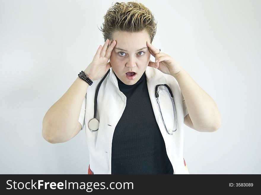 Woman with stethoscope with hands up. Woman with stethoscope with hands up