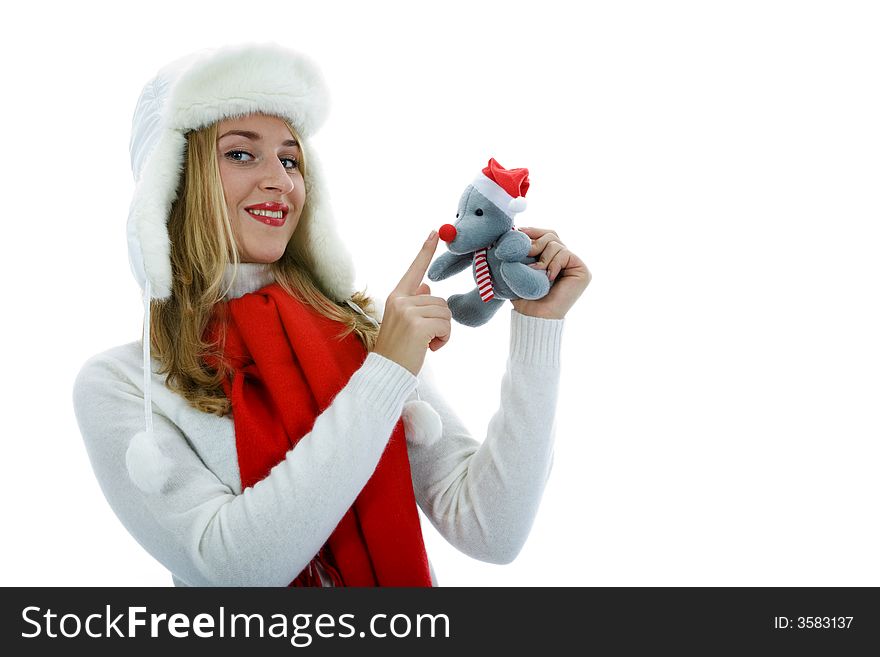 Beautiful woman with gift on white background