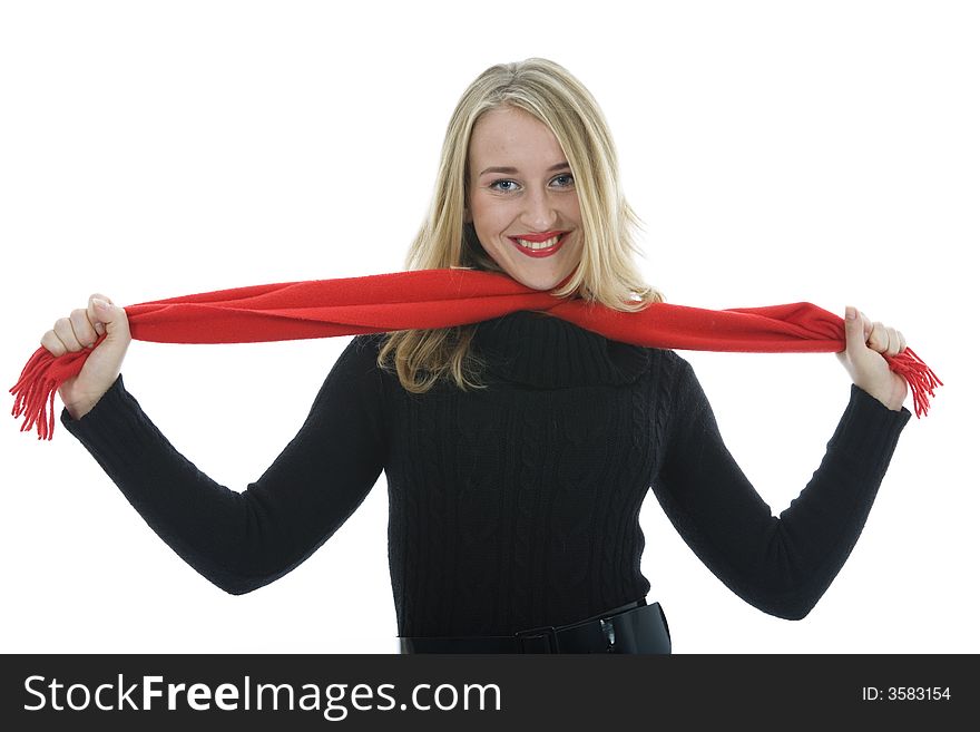 Beautiful woman with red scarf on white background