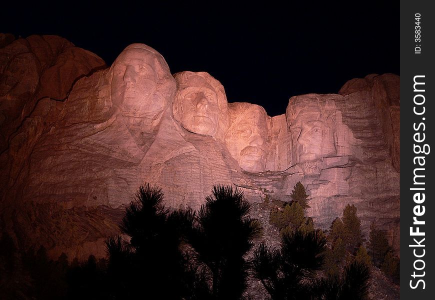 A view of Mount Rushmore after dark. A view of Mount Rushmore after dark.