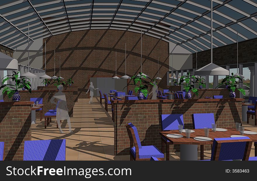 Rendering of a restaurant interior with glass roof