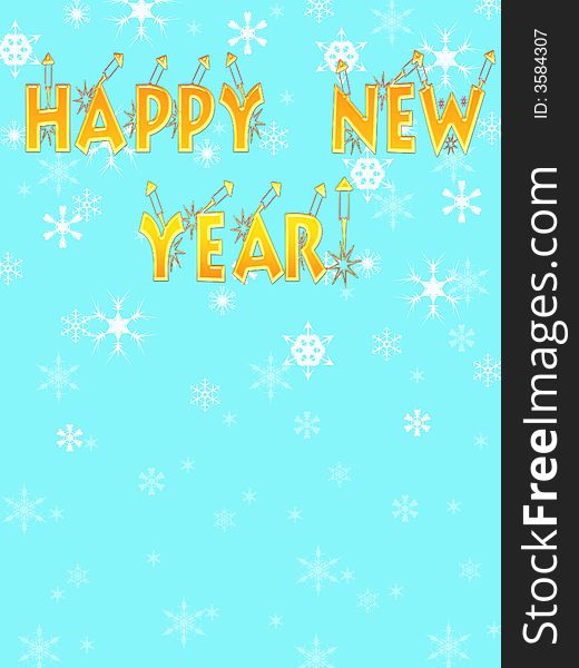 New Year's congratulatory background with an inscription and snowflakes. Blue color, a rocket.