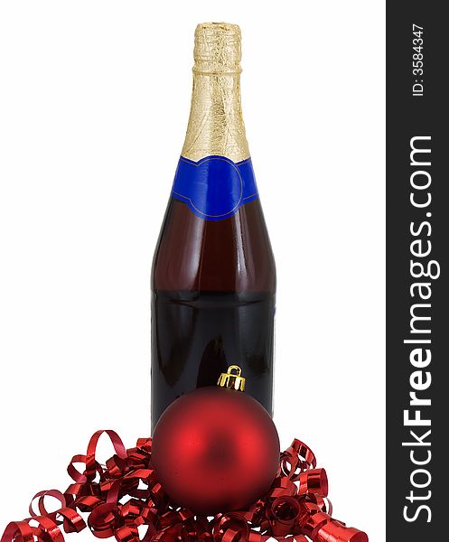 Christmas ornament and curled ribbon with a bottle on wine, isolated on white. Christmas ornament and curled ribbon with a bottle on wine, isolated on white