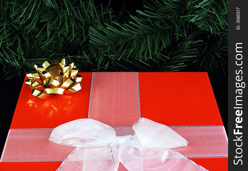 A christmas gift with a ribbon and a bow with a wreath in the background.