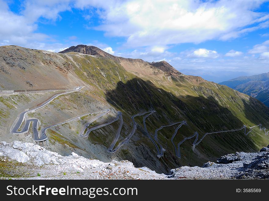 Stilfser Joch: mountain pass in tirol. italy and switzerland. Pass height about 2700 meters. More than 40 hairpin bends. Stilfser Joch: mountain pass in tirol. italy and switzerland. Pass height about 2700 meters. More than 40 hairpin bends.