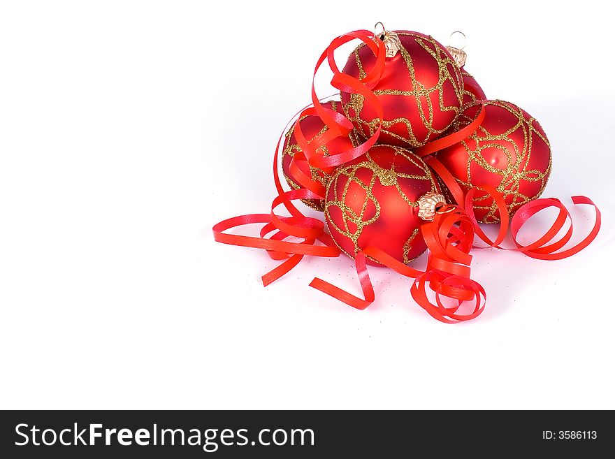 Christmas red balls with ribbon. Christmas red balls with ribbon