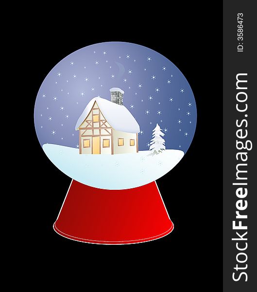 Christmas ball with cabin and falling snowflakes