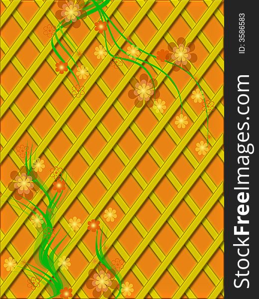 Congratulatory background with twisted plants. Flowers on a lattice.