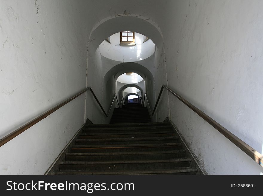 Stairs in tunnel, interesting urban object, taken in Czech Republic