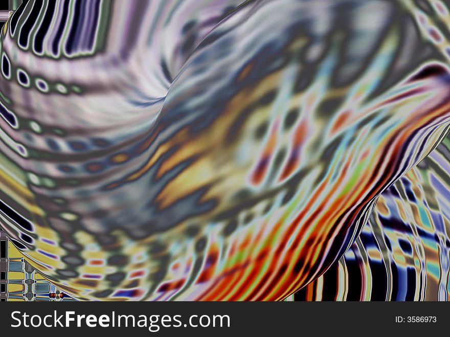 Multi colored image distorted and curved, pulling the patterns outward. Multi colored image distorted and curved, pulling the patterns outward.