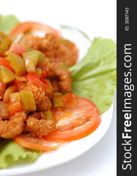 Fried pork/ meat cuisine close up white background