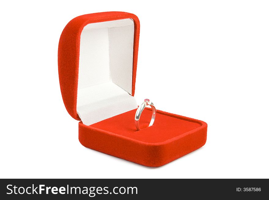 Silver ring in red box. Isolate on white.