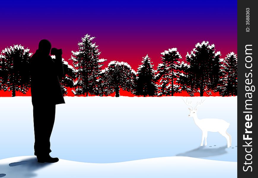 Christmas snow scene with photographer and deer. Christmas snow scene with photographer and deer
