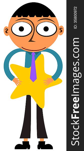 A cartoon business man holding a star. A cartoon business man holding a star