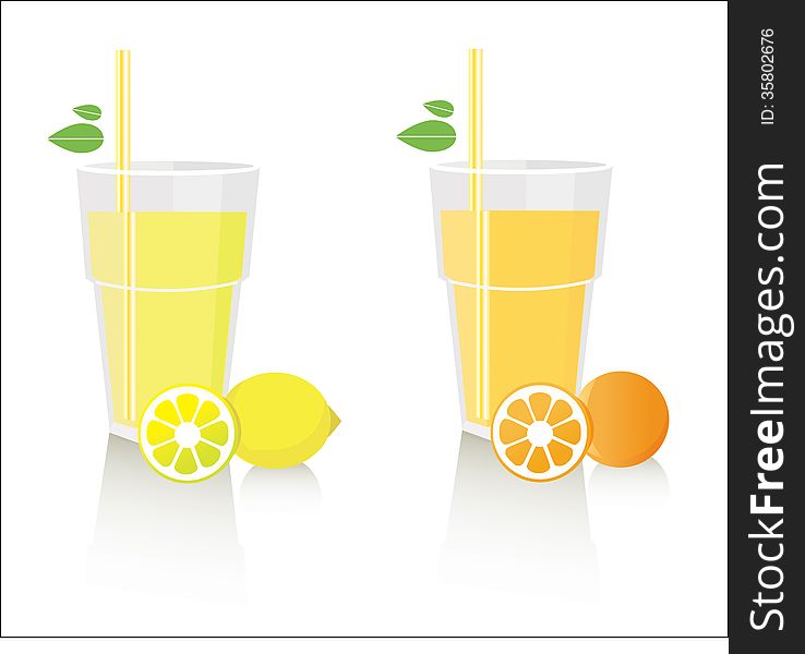 Glasses of lemon and orange juice. Glasses of lemon and orange juice.
