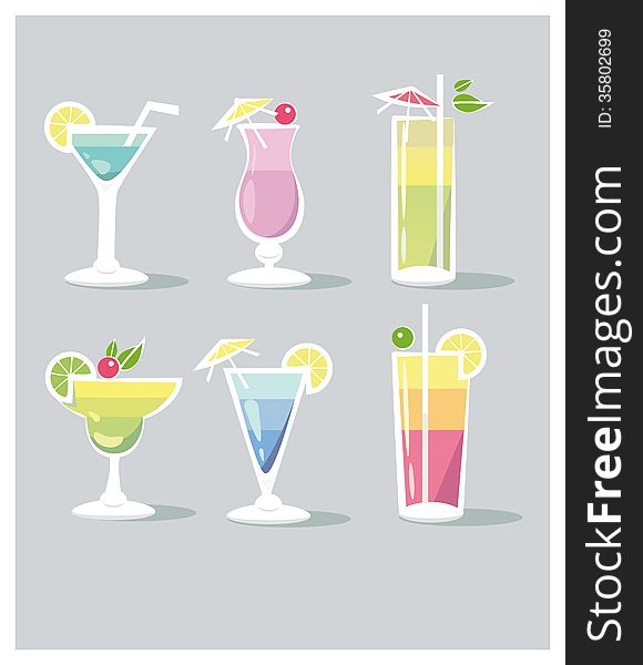 Cocktails menu: different cocktails and glassware