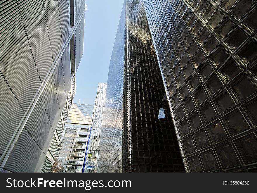 Wide angle view of modern building glass block wall