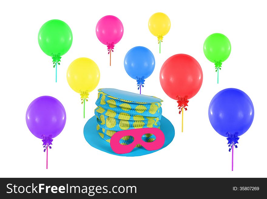 Colorful balloons and hat with mask