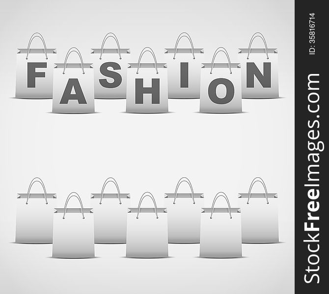 Vector Background shopping bag and inscription fashion. Illustration of sale, commerce, consumerism.