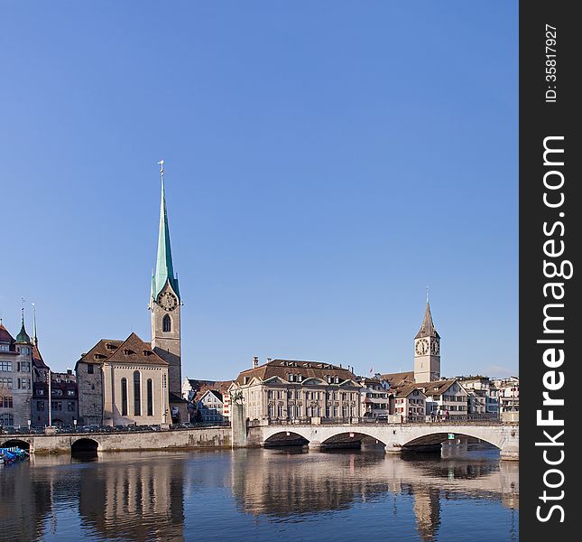 Zurich, Switzerland. Lady Minster and St. Peter Church. Zurich, Switzerland. Lady Minster and St. Peter Church