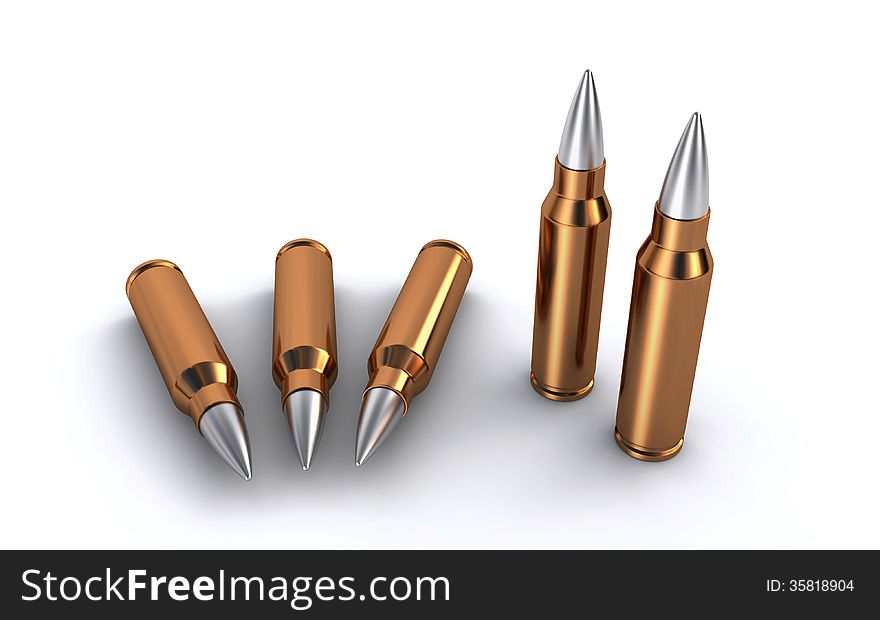 3d illustration of bronze bullets on the white background