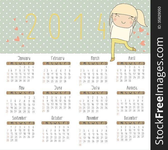 Vector calendar for 2014. Calendar with cheerful girl. Vector calendar for 2014. Calendar with cheerful girl.