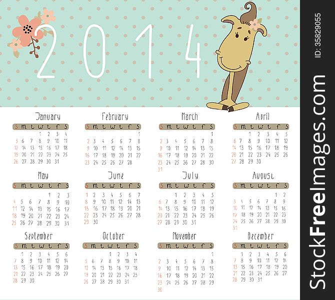 Vector calendar for 2014. Calendar with cute horse. Vector calendar for 2014. Calendar with cute horse.