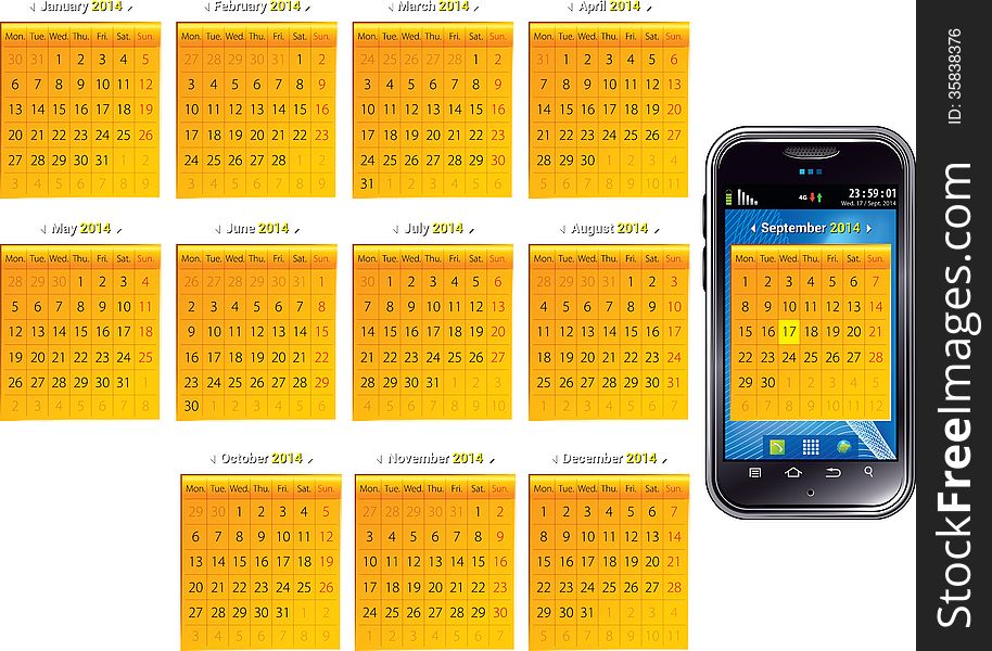 Mobile android phone with calendar of 2014 on the touchscreen. Mobile android phone with calendar of 2014 on the touchscreen.