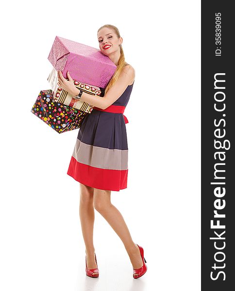 Girl with a gift box on a white background