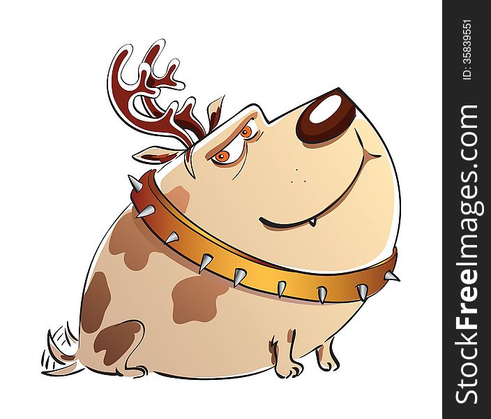A cute cartoon dog with deer horns. A cute cartoon dog with deer horns
