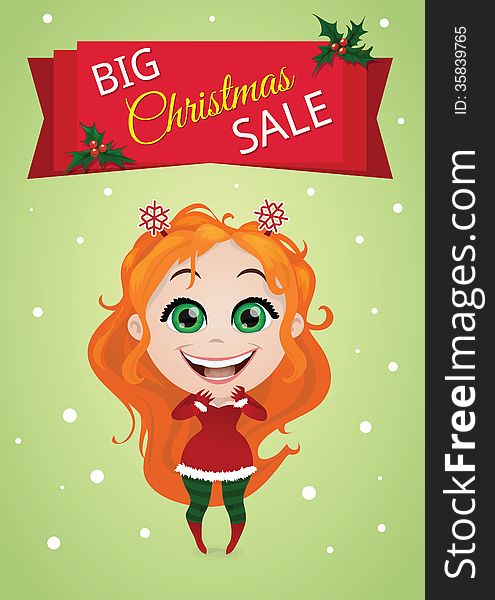 Christmas vector banner with an enthusiastic girl. Christmas vector banner with an enthusiastic girl