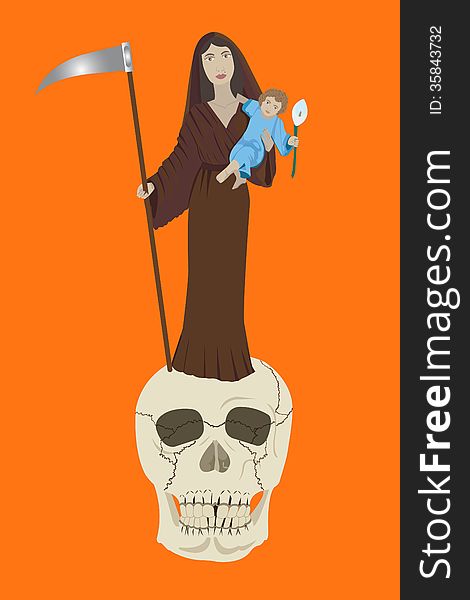 And conceptual vector illustration depicting the virgin mother as consoling death. Load the child in her left arm and right making the scythe, standing on a skull. And conceptual vector illustration depicting the virgin mother as consoling death. Load the child in her left arm and right making the scythe, standing on a skull.