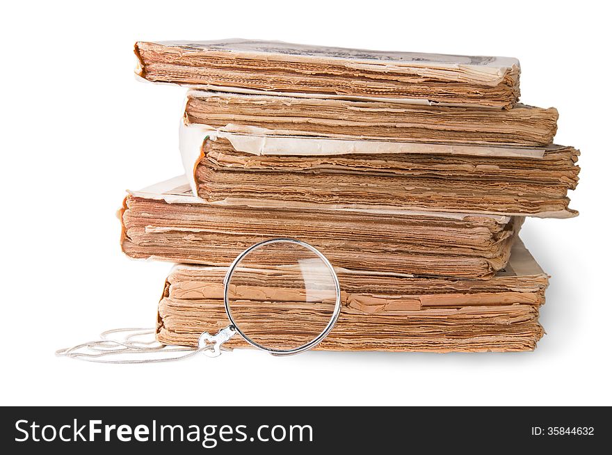 Old Books With Monocle Isolated On White Background