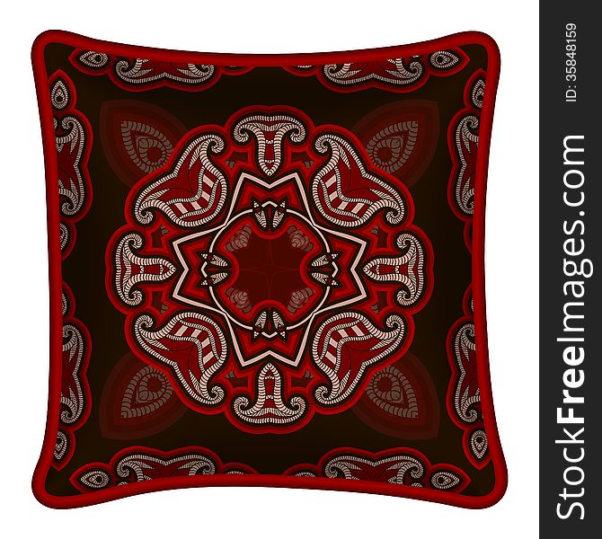 Interior design element: Decorative pillow with patterned pillowcase (traditional oriental pattern on dark background). Isolated on white. Vector illustration.