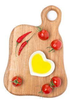Cherry Tomatoes, Chilli And Olive Oil On Wooden Board, Isolated Stock Image