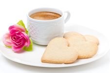 Cup Of Coffee, Cookies And Flower Valentine S Day, Close-up Royalty Free Stock Photos Cup Of Coffee, Cookies And Flower Valentine S Day, Close-up Royalty Free Stock Photos