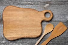 Figured Wooden Cutting Board, Spoon And Spatula, Concept Royalty Free Stock Photos Figured Wooden Cutting Board, Spoon And Spatula, Concept Royalty Free Stock Photos