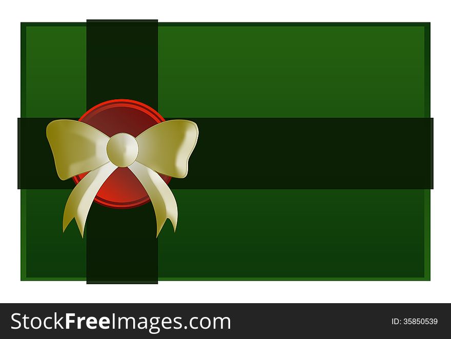 A green present with dark green trim, a red button, and a gold bow.